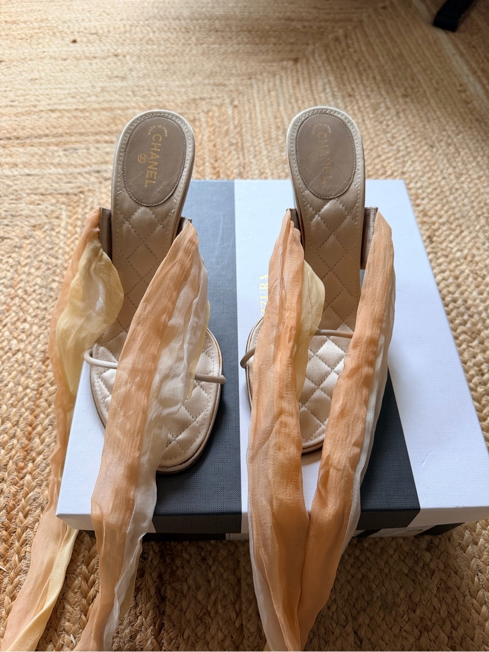 CHANEL Vintage Quilted Satin sandals silk chiffon wrap tassels - 40.5